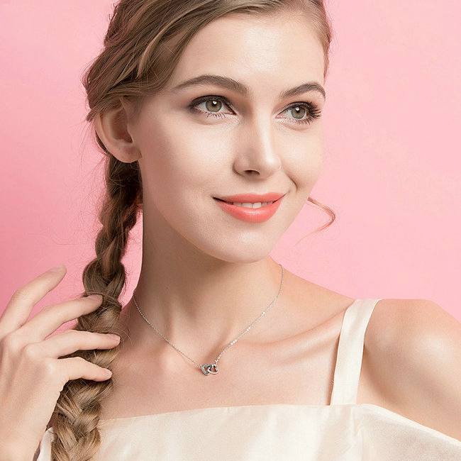 Collier Deux Coeurs en argent 925 plaqué or blanc ajustable avec zircons blancs - Photo 2