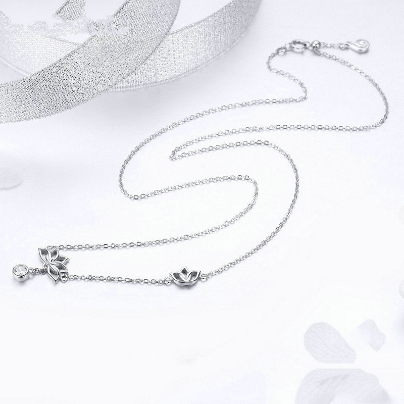 Collier Fleurs de Lotus en argent 925 plaqué or blanc ajustable avec zircon blanc - Photo 5