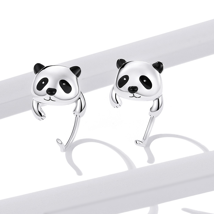 Boucles d’Oreilles Panda Argent Sterling 925 plaqué or blanc avec détails émaillés noirs - Photo 3