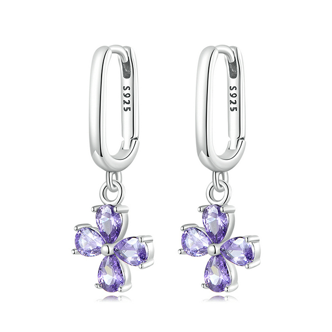 Boucles d’Oreilles Créoles Pendentif Fleurs en argent 925 plaqué or blanc avec zircons violets