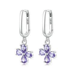 Boucles d’Oreilles Créoles Pendentif Fleurs en argent 925 plaqué or blanc avec zircons violets