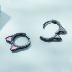 Boucles d’Oreilles Créoles Oreilles de Chat en argent 925 plaqué noir émaillé rose - Photo 4