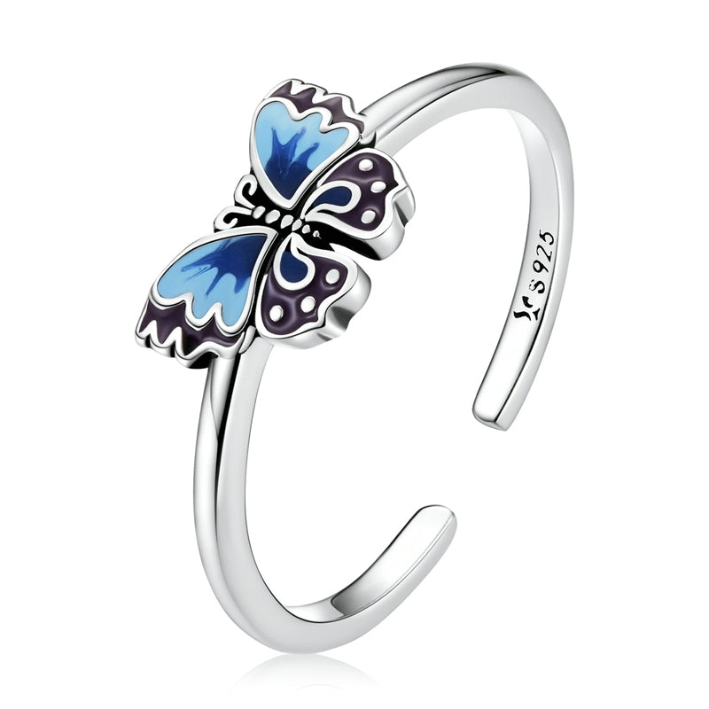 Bague Papillon en argent 925 plaqué or blanc ajustable émaillé à la main