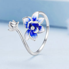 Bague Fleur de Lotus en argent 925 plaqué or blanc ajustable émaillé à la main - Photo 3