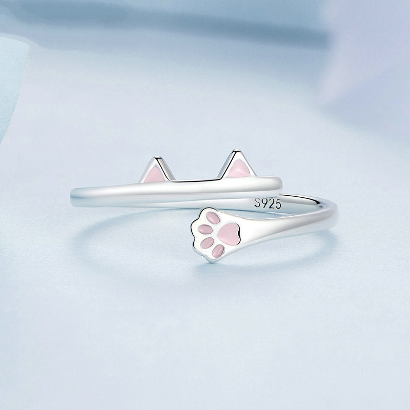 Bague Chat en argent 925 plaqué or blanc ajustable émaillé rose - Photo 4
