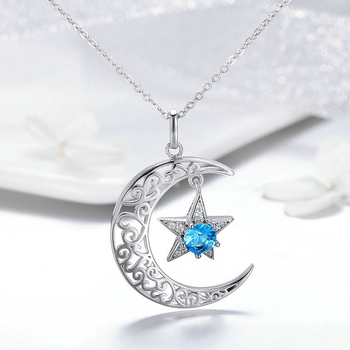 Collier Lune et Étoile Argent Sterling 925 plaqué or blanc avec zircons blancs et bleus - Photo 3