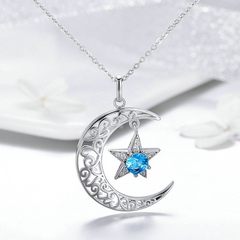 Collier Lune et Étoile Argent Sterling 925 plaqué or blanc avec zircons blancs et bleus - Photo 3