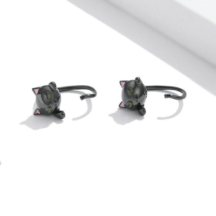 Boucles d’Oreilles Chat Noir Argent Sterling 925 plaqué noir avec des détails émaillés - Photo 3