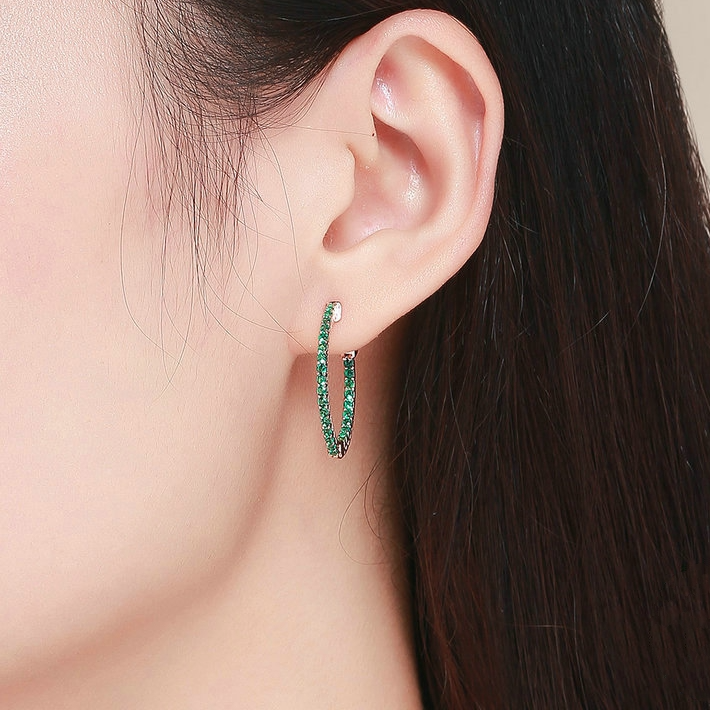 Boucles d’Oreilles Créoles Brillants en argent 925 plaqué or rose avec zircons verts - Photo 2