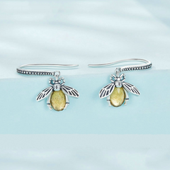 Boucles d’Oreilles Créoles Pendentif Abeilles en argent 925 plaqué or blanc avec zircons jaunes - Photo 3
