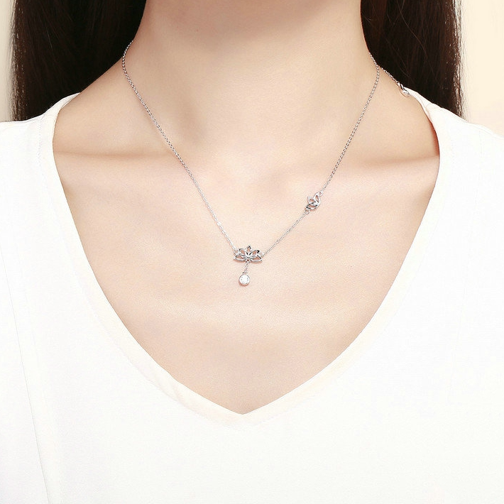 Collier Fleurs de Lotus en argent 925 plaqué or blanc ajustable avec zircon blanc - Photo 2