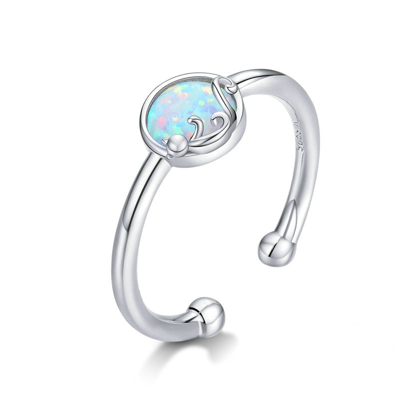 Bague Opale avec Chat Rêveur en argent 925 plaqué or blanc ajustable