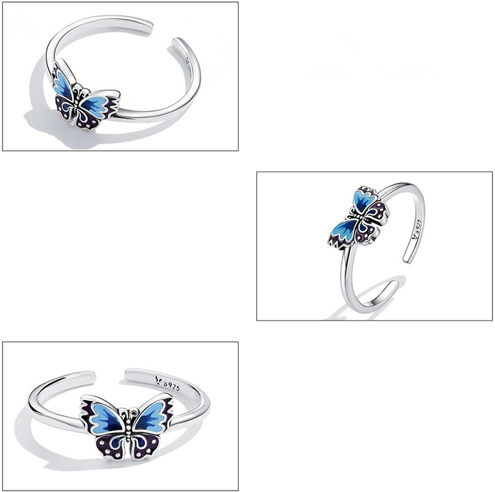 Bague Papillon en argent 925 plaqué or blanc ajustable émaillé à la main - Photo 5