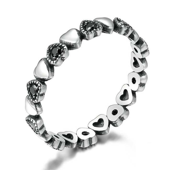Bague Petits Coeurs en argent 925 plaqué or blanc avec zircons noirs - Photo 4