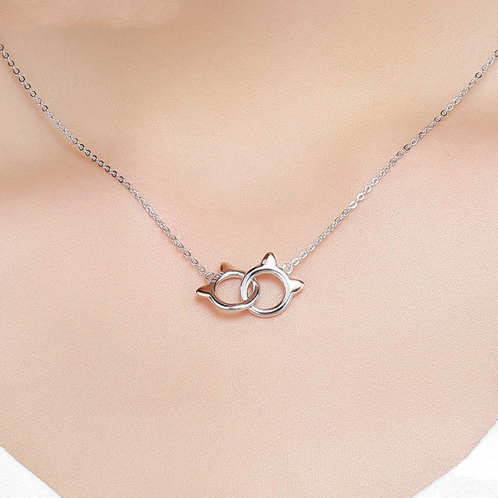 Collier Deux Chats en argent 925 plaqué or blanc et or rose ajustable - Photo 2