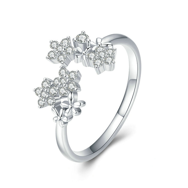 Bague Bouquet de Fleurs en argent 925 plaqué or blanc ajustable avec zircons blancs