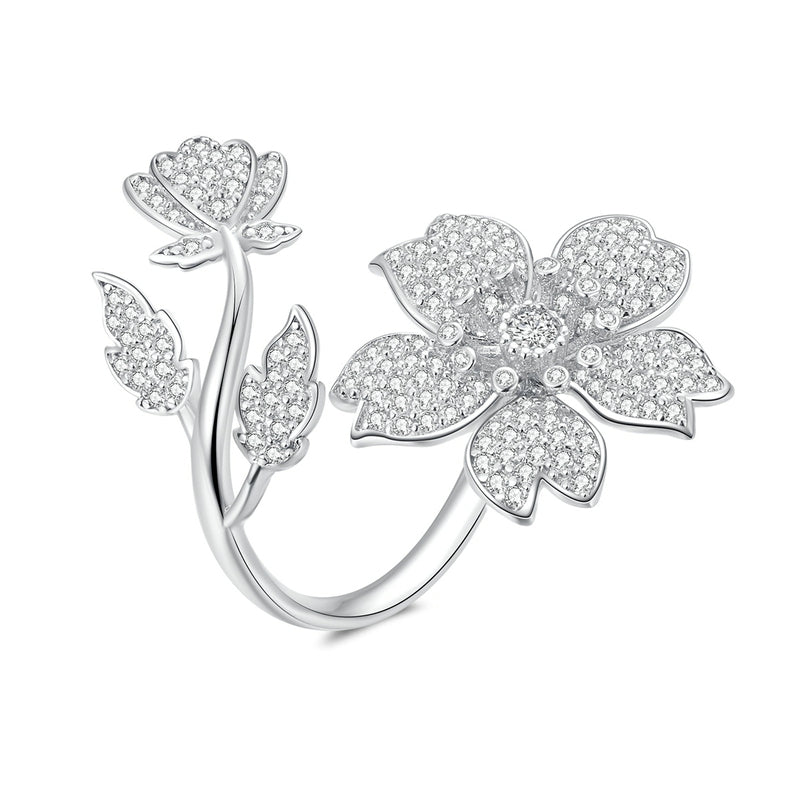 Bague Fleurs de Cerisier en argent 925 plaqué or blanc ajustable avec zircons blancs
