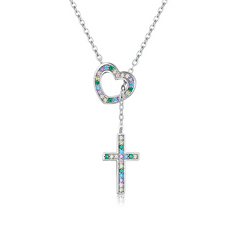 Collier Coeur avec Croix en argent 925 plaqué or blanc avec zircons colorés