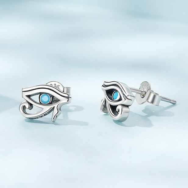 Boucles d’Oreilles Oeil d’Horus Puces en Argent Sterling 925 plaqué or blanc avec zircons bleus - Photo 3
