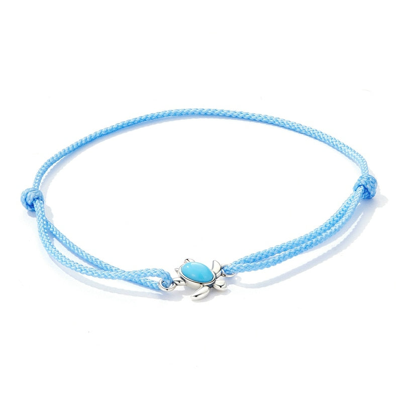 Bracelet Tortue style marin en corde bleue ajustable avec tortue en argent 925 et pierre turquoise - Photo 3