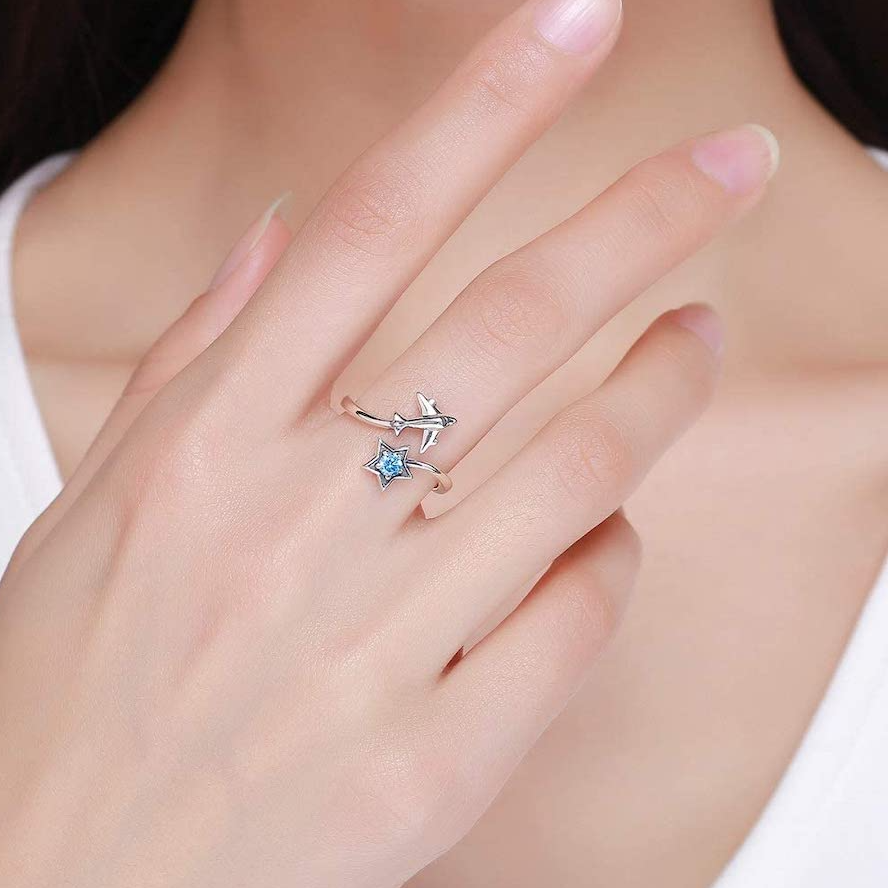 Bague Avion et Étoile en argent 925 plaqué or blanc ajustable avec zircon bleu - Photo 2
