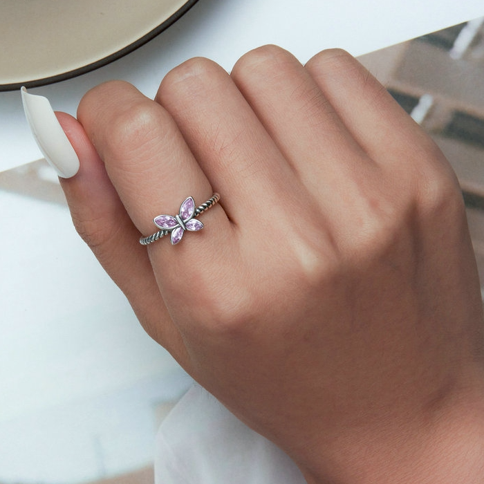 Bague Papillon Rose en argent 925 plaqué or blanc ajustable avec zircons roses - Photo 5