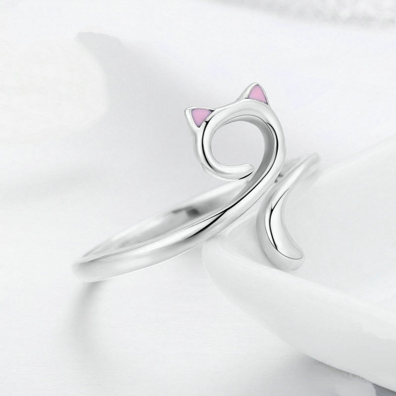 Bague Chat en argent 925 plaqué or blanc ajustable avec oreilles émaillées roses - Photo 4