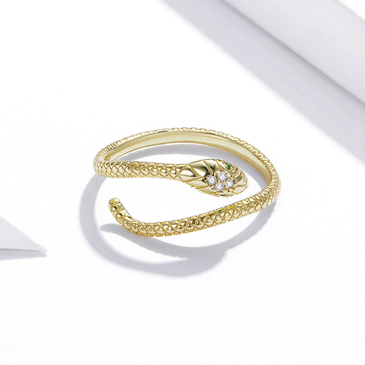Bague Serpent Cobra Royal en argent 925 plaqué or jaune ajustable avec pavé de zircons blancs et verts - Photo 4