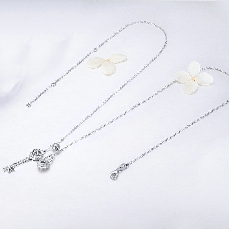Collier Clé et Cadenas Coeur en argent 925 plaqué or blanc ajustable avec zircon blanc - Photo 5