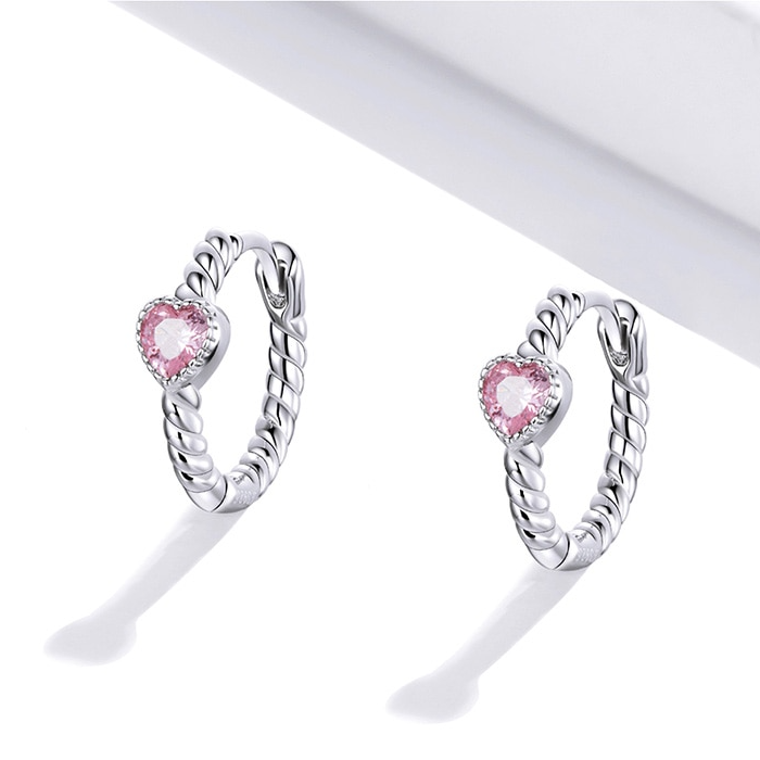 Boucles d’Oreilles Créoles Coeurs en argent 925 plaqué or blanc avec zircons roses - Photo 3