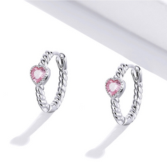 Boucles d’Oreilles Créoles Coeurs en argent 925 plaqué or blanc avec zircons roses - Photo 3