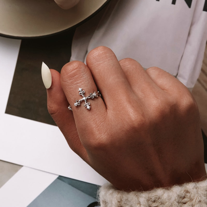 Bague Croix Ancienne en argent 925 plaqué or blanc ajustable avec zircons blancs - Photo 6