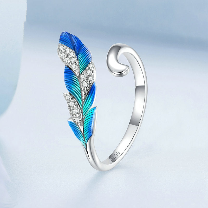Bague Plume Bleue en argent 925 plaqué or blanc ajustable émaillé à la main avec zircons blancs - Photo 3