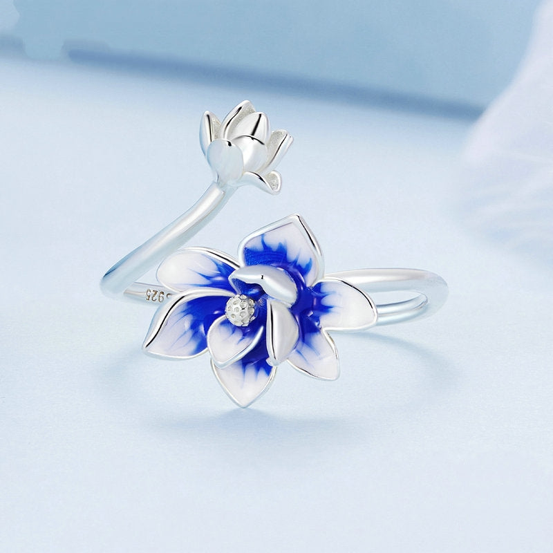 Bague Fleur de Lotus en argent 925 plaqué or blanc ajustable émaillé à la main - Photo 5