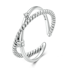 Bague Croisée X en argent 925 plaqué or blanc ajustable avec zircons blancs