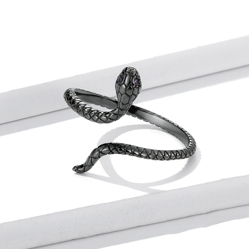 Bague Serpent Noir en argent 925 plaqué or noir ajustable avec zircons violet - Photo 4