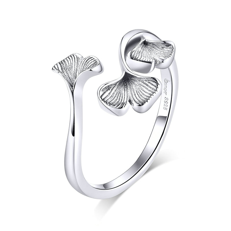 Bague Feuilles de Ginkgo en argent 925 plaqué or blanc ajustable