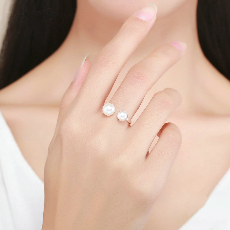 Bague avec Perles en argent 925 plaqué or blanc ajustable - Photo 2