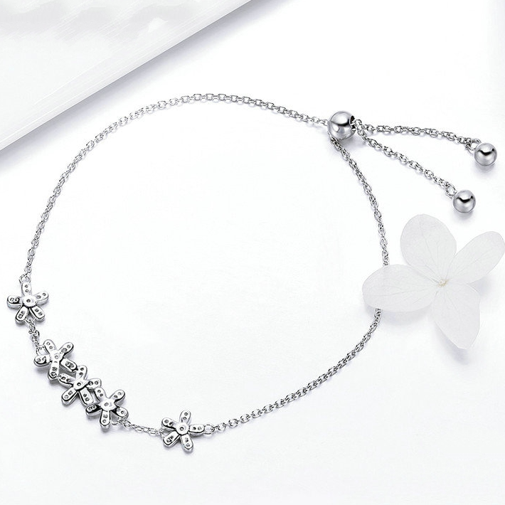 Bracelet Marguerites en argent 925 plaqué or blanc ajustable avec zircons blancs - Photo 4