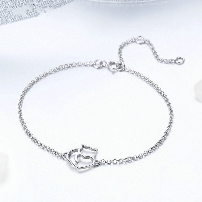 Bracelet Chat avec Coeur en argent 925 plaqué or blanc avec fermoir ajustable - Photo 3