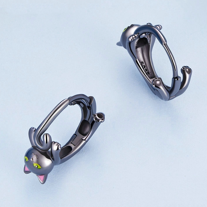 Boucles d’Oreilles Créoles Chat Noir Argent Sterling 925 plaqué noir avec détails émaillés - Photo 4