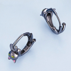 Boucles d’Oreilles Créoles Chat Noir Argent Sterling 925 plaqué noir avec détails émaillés - Photo 4