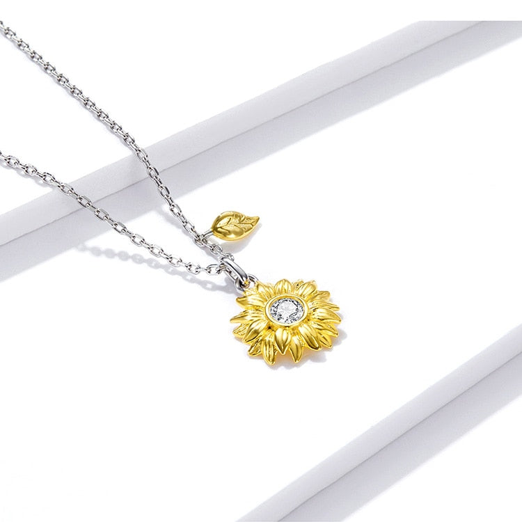 Collier Tournesol en argent 925 plaqué or blanc ajustable et pendentif plaqué or jaune avec zircon blanc - Photo 3