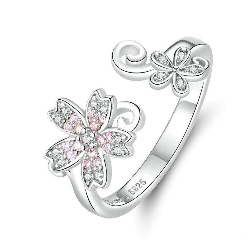 Bague Fleur de Cerisier en argent 925 plaqué or blanc ajustable avec zircons blancs et roses