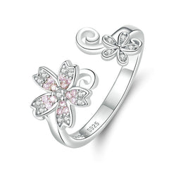 Bague Fleur de Cerisier en argent 925 plaqué or blanc ajustable avec zircons blancs et roses