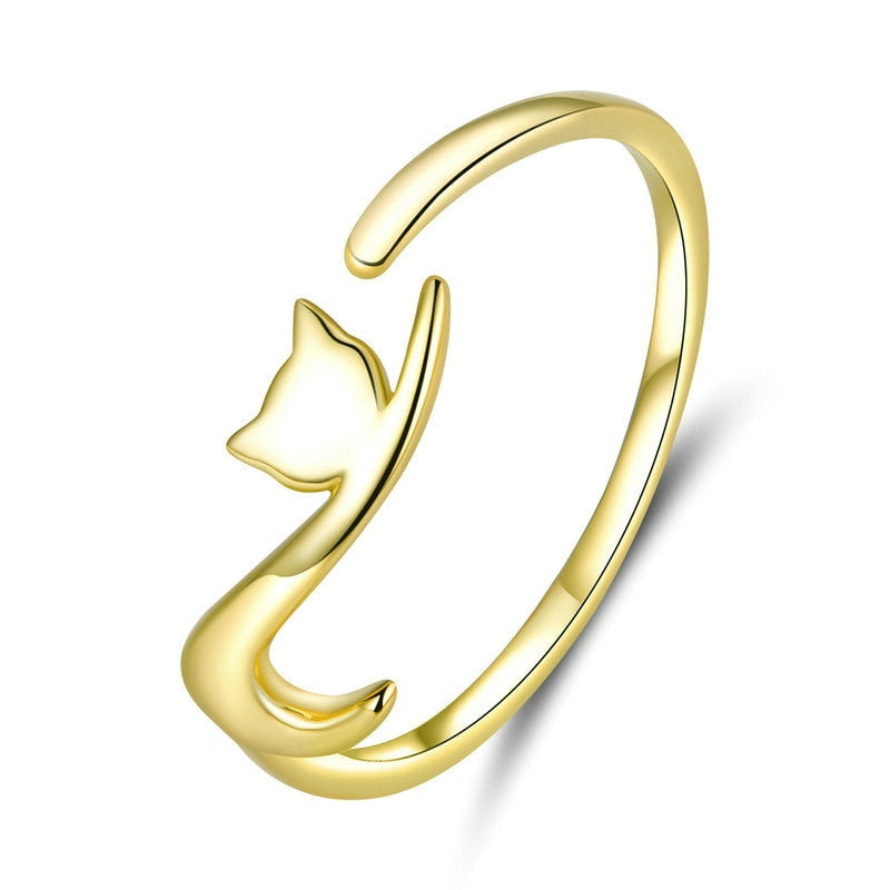 Bague Chat en argent 925 plaqué or jaune ajustable - Photo 3