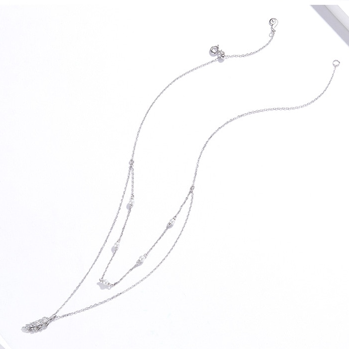 Collier Double avec Plume en argent 925 plaqué or blanc ajustable avec zircons blancs et perles - Photo 5