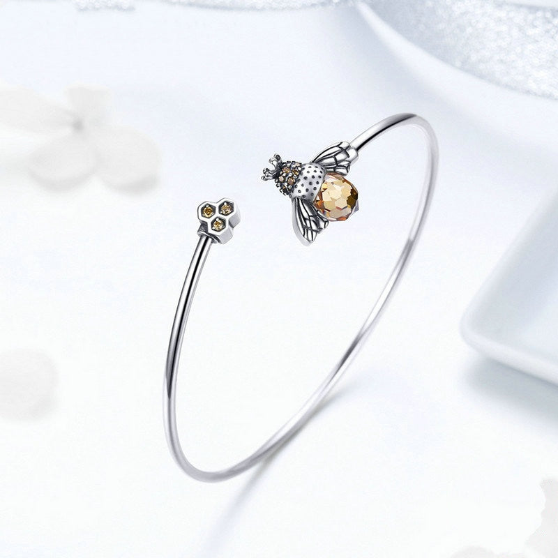 Bracelet Reine des Abeilles en argent 925 plaqué or blanc jonc rigide ouvert avec zircons bruns - Photo 4