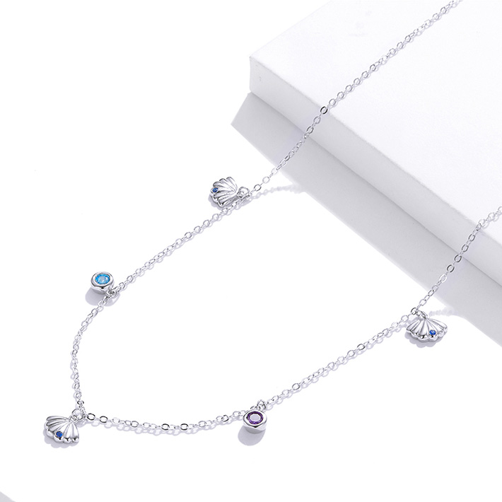 Collier Coquillages en argent 925 plaqué or blanc ajustable avec zircons colorés - Photo 4