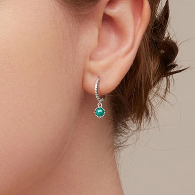 Boucles d’Oreilles Créoles Pendentif Malachite en argent 925 plaqué or blanc avec zircons violets - Photo 2
